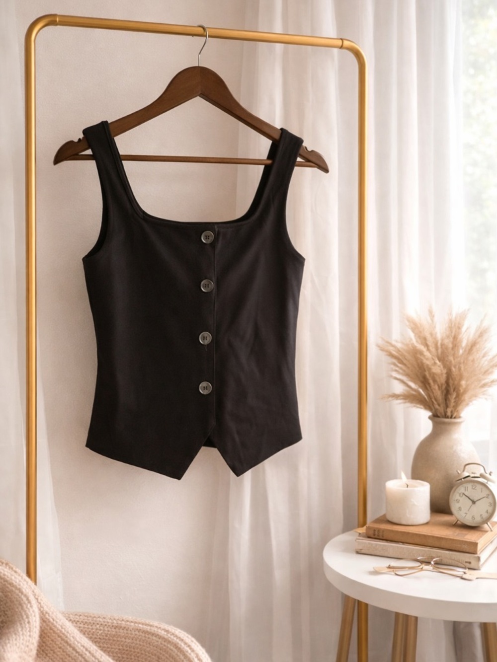 Sleek Black Square-Neck Button Tank Top